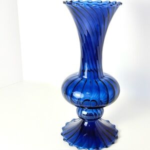 12” Anthropologie Cobalt Blue Art Glass Vase Hand Blown Fluted Pedestal Base